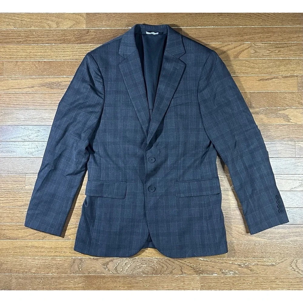 Jos A Bank Traveler Blazer 38R Charcoal Gray Glen Check Plaid Wool Sport Coat